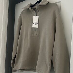NWT Zara Men's Button-Up Polo Neck Sweatshirt - Beige Marl